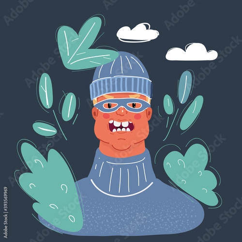 Vector illustration of Burglar man in mask face at night on dark background.