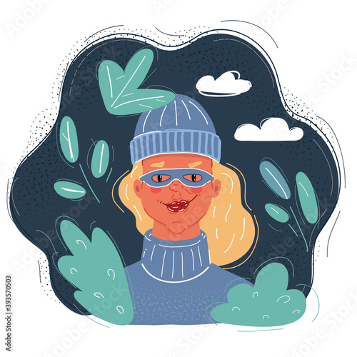 Vector illustration of Burglar woman in mask face at night on dark background.