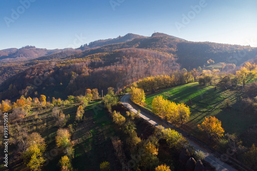 Autumn colors above the Romanian village  in Gorj county