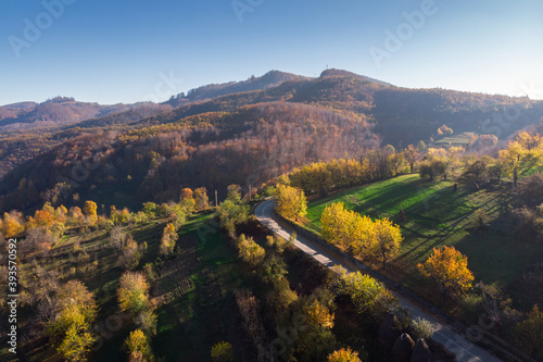 Autumn colors above the Romanian village, in Gorj county