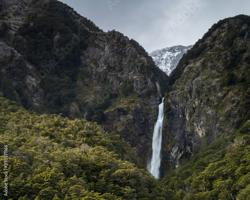 Devil s Punchball waterfall  131m   Arthur s Pass  South Island  New Zealand.