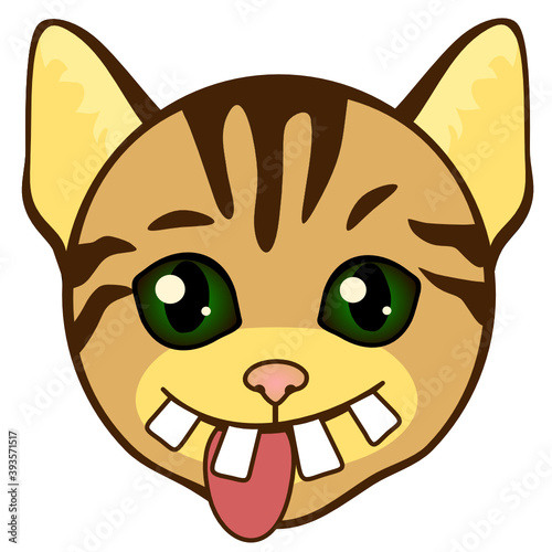 goofy smiling cat with crooked teeth, differently sized eyes, stupid look, sticking out tongue and silly dumb face, simplistic facial expression vector illustration