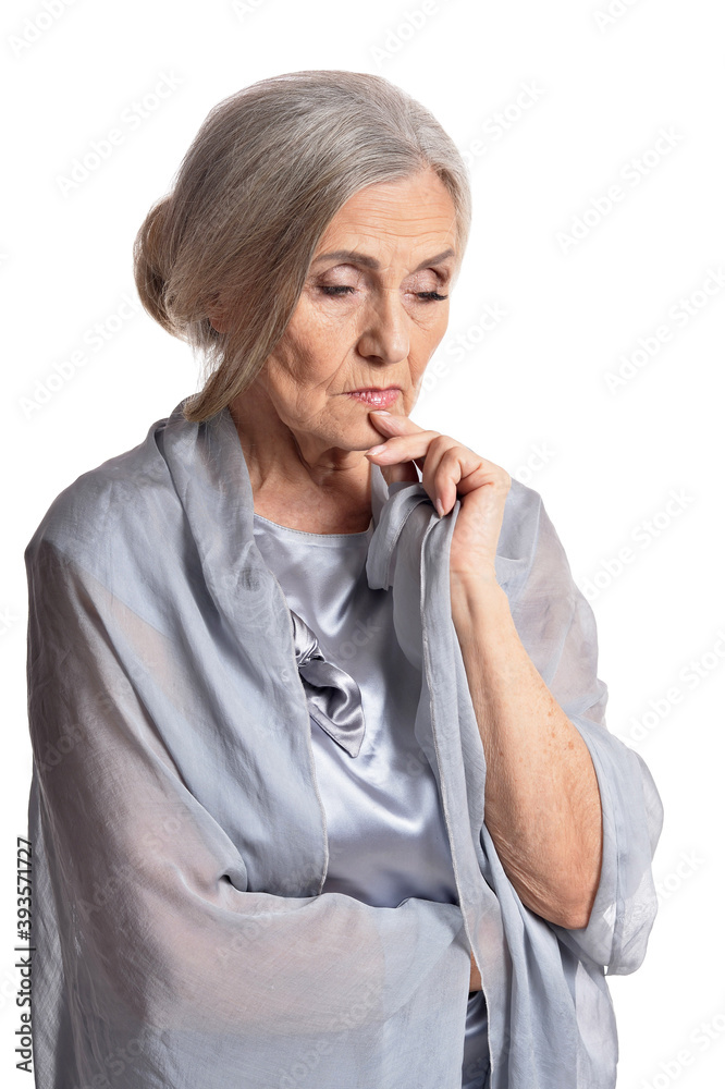 Close-up portrait of sad senior woman isolated Close-up portrait of sad senior woman isolated