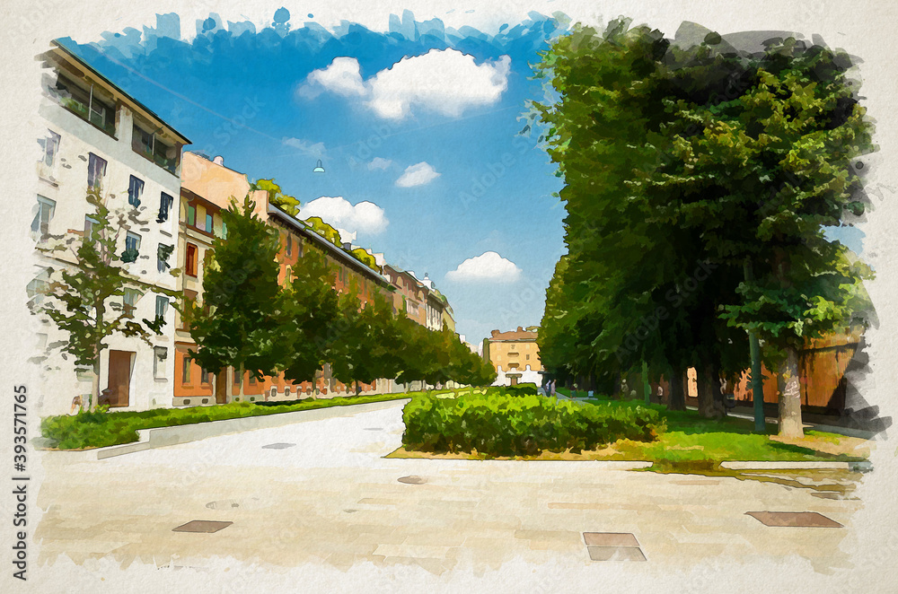 Watercolor drawing of Piazza Sant'Ambrogio square alley street with green trees and buildings near church with blue sky white clouds background, Milan, Lombardy, Italy