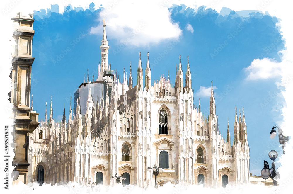 Obraz premium Watercolor drawing of Duomo di Milano cathedral facade with white walls, spires, mouldings and stucco work on Piazza del Duomo square, blue sky background, Milan historical city centre, Italy