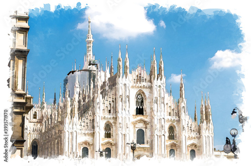 Canvastavla Watercolor drawing of Duomo di Milano cathedral facade with white walls, spires,