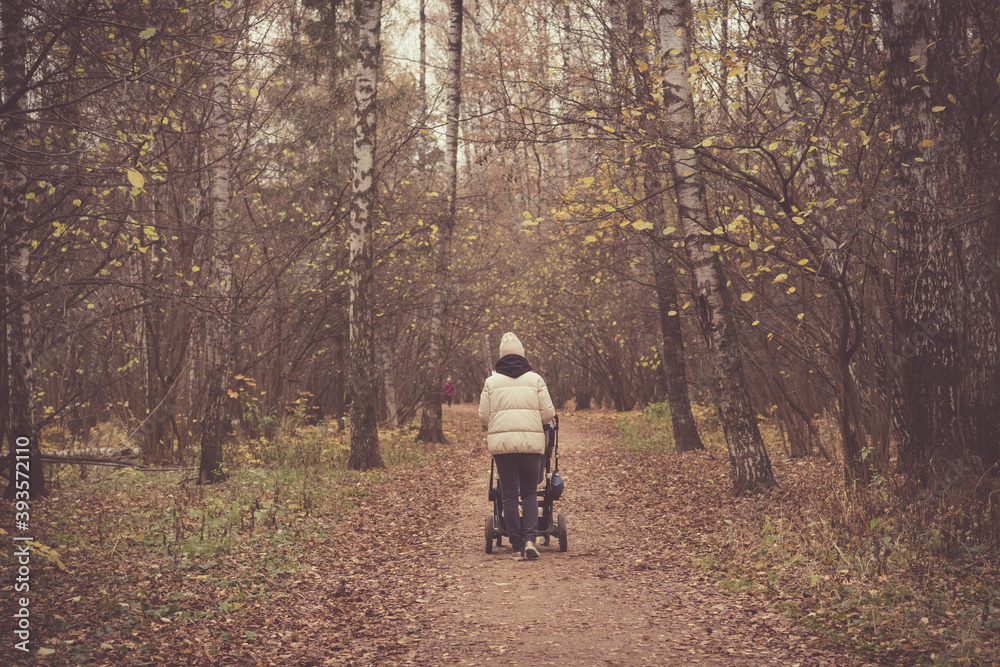 A girl with a stroller walks in the autumn forest