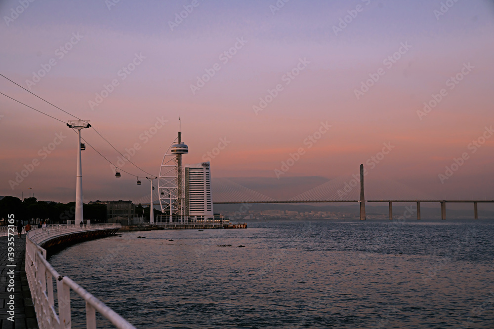 Sunset in Lisbon, Portugal overlooking Vasco Da Gama Bridge,
