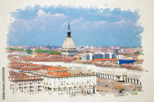 Watercolor drawing of Aerial top panoramic view of Turin city center skyline with Piazza Vittorio Veneto square, Po river and Mole Antonelliana building with high spire, Piedmont, Italy