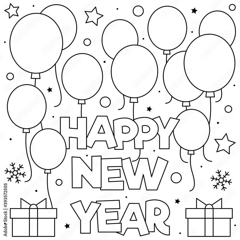 Happy New Year. Coloring page. Black and white vector illustration