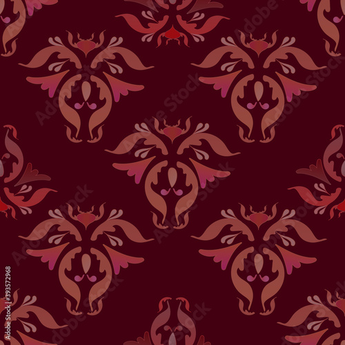Abstract seamless pattern. Beautiful burgundy elements. Victorian era. Lilac geometric ornament.