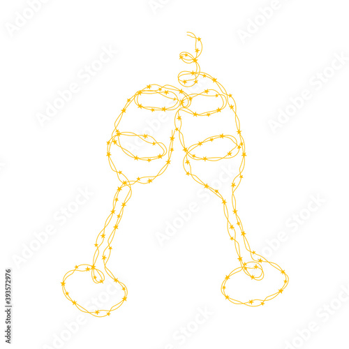 Сontinuous contour of clang glasses with sparkle wine, hand drawn one line drawing minimalist art. Vector illustration, yellow Christmas garland with tiny stars. Greeting card, isolated element