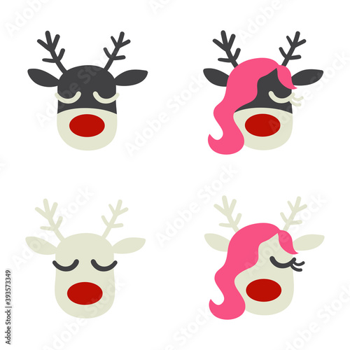 Set of cute red nosed reindeer heads in grey and brown colors. Deer boys and pink haired girls with antlers. Hand drawing vector illustration in flat childish style. Christmas, winter season design