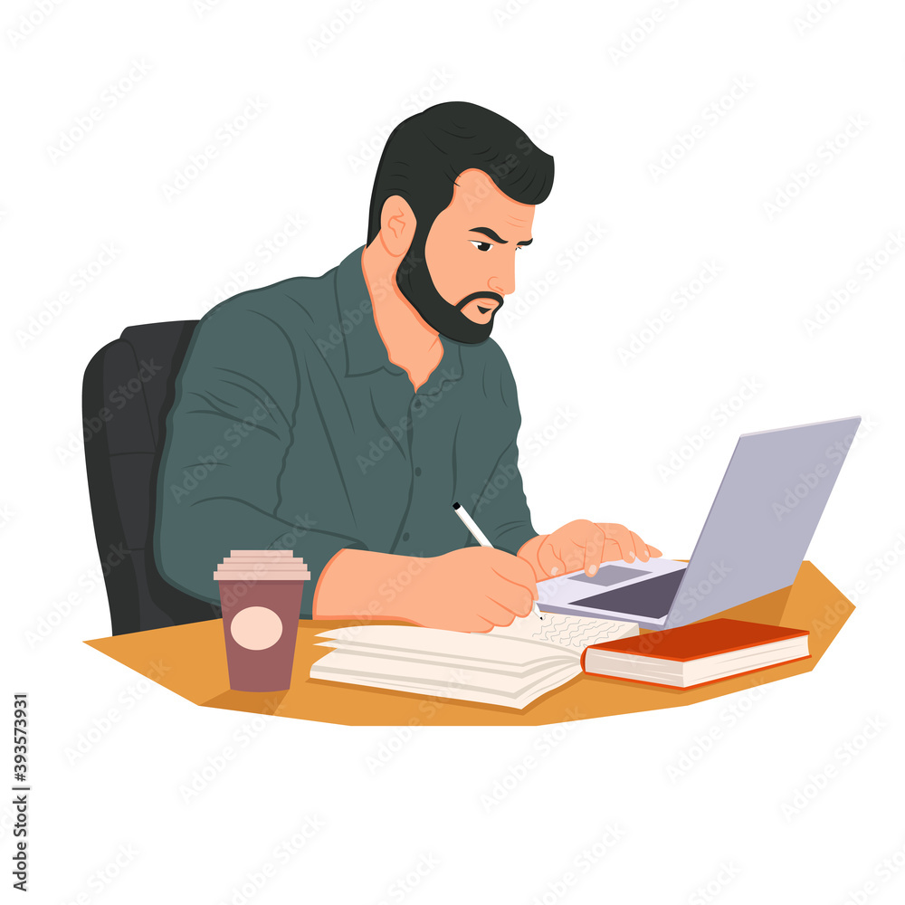 man working on internet using laptop and drinking coffee. work at home. travel and work
