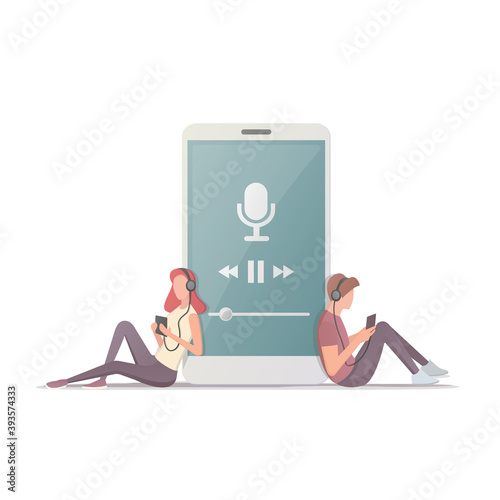 Podcast concept. Young people with headset listening to music. Flat vector illustration. Online podcasting show, radio.