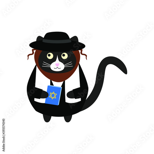 Obraz na plátně Cute black cat rabbi in a black suit and a black hat with a book in his paws