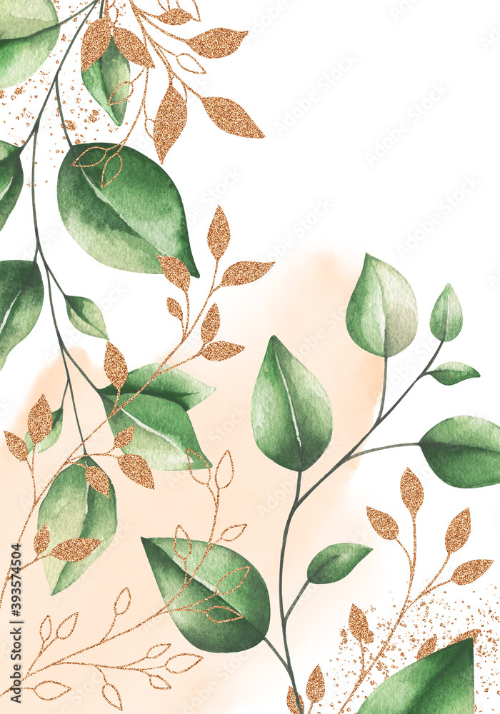 Watercolor floral frame card with gold elements. Hand draw painted border with branches, leaves isolated on white background. Trendy template