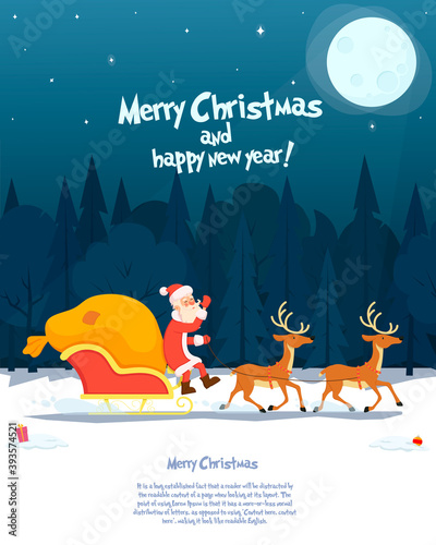 Christmas Santa Claus riding on sleigh with reindeers by snow. Vector illustration