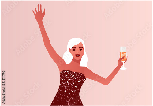 Woman celebrating New Year or Christmas. Lockdown or quarantine life. A girl in a shimmering party dress. Colorful vector illustration in modern flat style.