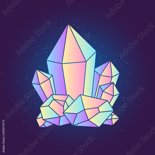Bright magic crystal isolated on dark background. Vector illustration