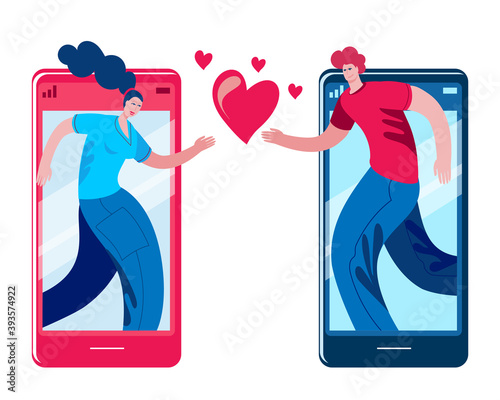 A young man and a girl declare their love to each other via a smartphone. Dating and love in social networks. The concept of a vector illustration in a flat style.
