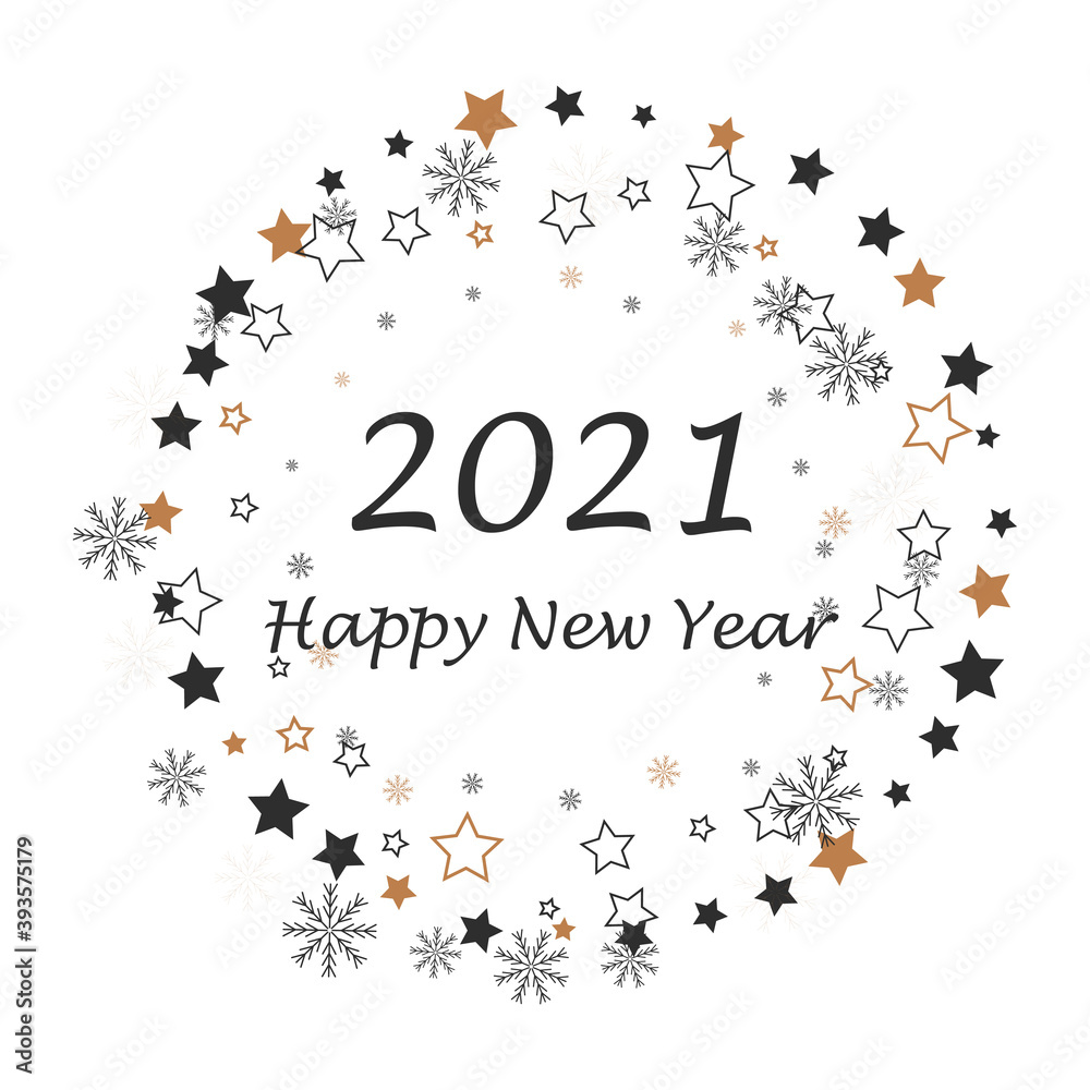 Obraz premium Happy New 2021 Year. Holiday Vector Illustration With Lettering Composition, Stars And Snowflakes. Isolated On White Background.