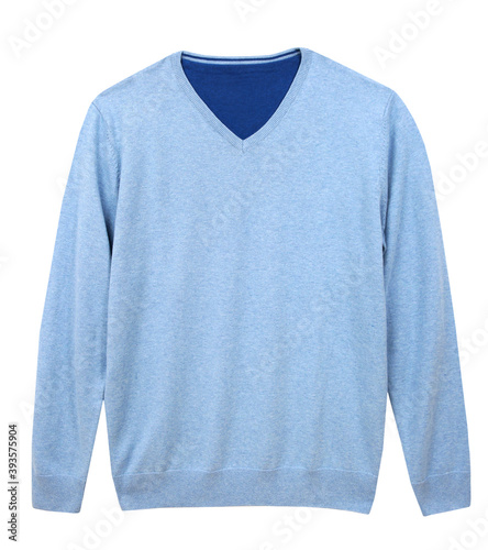 Blue men's sweater isolated on white. Man's jumper cutout. photo