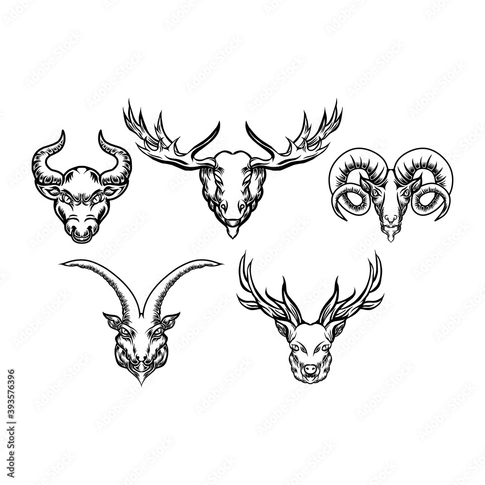 animal heads hand drawn set animal heads hand drawn set