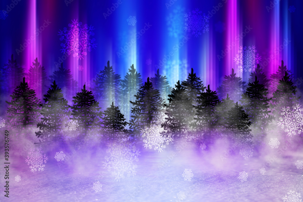 Dark abstract background. Winter night forest landscape. Silhouettes of fir trees, lit with neon glow, snowdrifts, snowflakes. 3d illustration