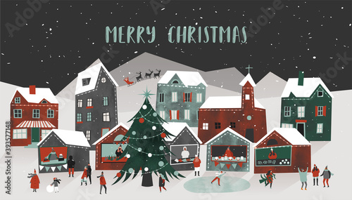 Merry Christmas vector illustration. Snow covered little town. Christmas fair