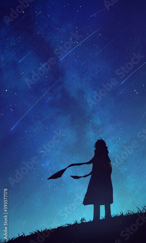 流星群を見て佇む人のイラスト 天の川 美しい満天の星空 ファンタジー背景装飾