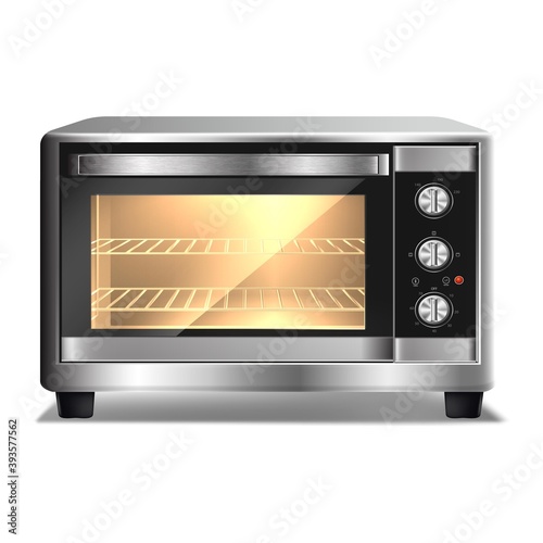 3d realistic vector microwave oven with light inside, isolated on white background. Kitchen appliances.