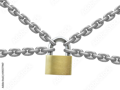 The gray metal chain and padlock on white background