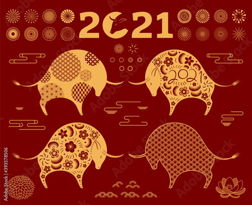 2021 Chinese New Year clipart set, ox silhouette, paper cut style, clouds, fireworks, abstract elements, isolated gold on red. Hand drawn flat vector illustration. Design concept card, banner, poster.