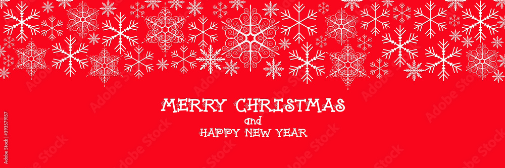 Prepare for a Merry Christmas and a happy new year. White snowflakes on a red background. postcard for winter holidays.