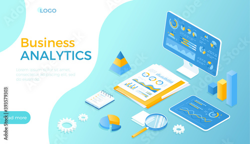 Business Analytics, Data Analysis, Finance Report. Planning, Effective Business Success. Documents, monitor, tablet with graphs and charts. Isometric vector illustration for website.
