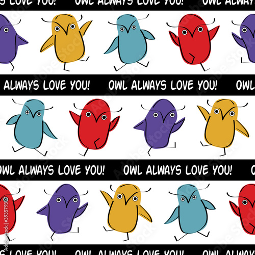 Vector Blue Orange Red Purple Owls with Text on Black White Striped Background Seamless Repeat Pattern. Background for textiles, cards, manufacturing, wallpapers, print, gift wrap and scrapbooking.