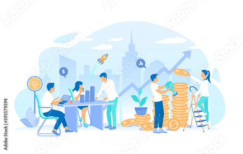 Business team working together on financial success strategy. Startup, new idea and stacks of coins. Investment, strategic management. Working process, teamwork communication. Vector illustration 
