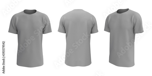 men's short sleeve t-shirt mockup in front, side and back views, design presentation for print, 3d illustration, 3d rendering