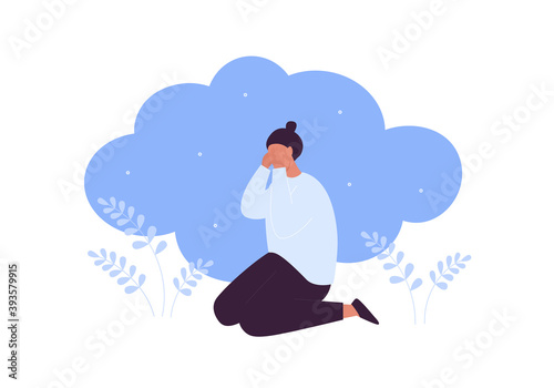 Sad and depression emotion concept. Vector flat people illustration. Woman sitting lonely in frustrated depressed pose. Symbol of negative feeling, grief, ptsr, anxiety, mental disorder.