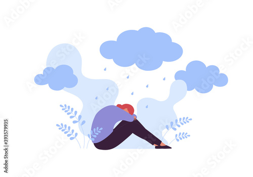 Sad and depression emotion concept. Vector flat people illustration. Woman sitting alone in depressed pose. Cloud with rain sign. Symbol of negative feeling, grief, ptsr, sorrow, mental disorder.