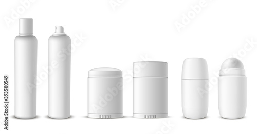 Antiperspirant bottles assortment spray, dry, roll on, stick realistic mock ups set. Deodorant packaging.