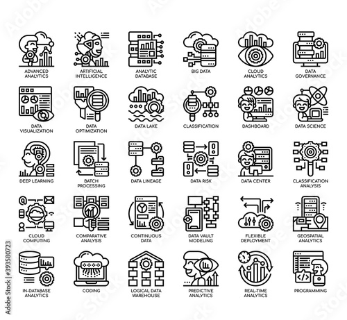 Set of Data Analytics thin line and pixel perfect icons for any web and app project.
