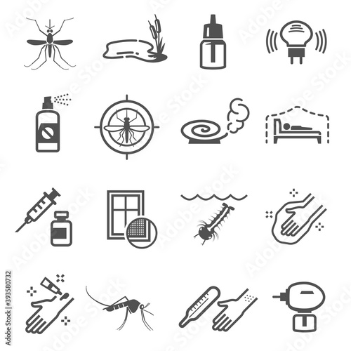 Mosquito, insect protection linear icons set isolated on white. Anti-mosquito screen pictograms.
