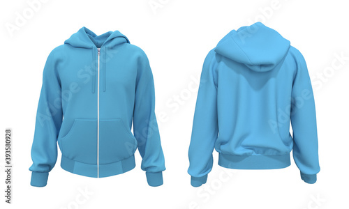 Blank hooded sweatshirt  mockup with zipper in front, and back views, isolated on white  background, 3d rendering, 3d illustration photo