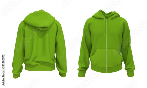 Blank hooded sweatshirt mockup with zipper in front and back views, isolated on white background, 3d rendering, 3d illustration