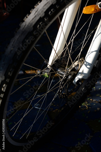 Closeup mountain bike on natural dark background.