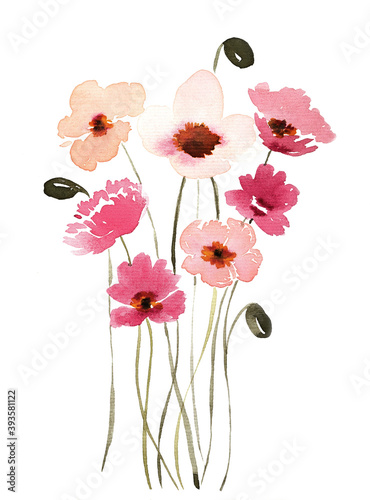 Watercolor flowers greeting card. Wedding invitation. Happy Birthday! Happy mother's day. Summer background with watercolor poppies.