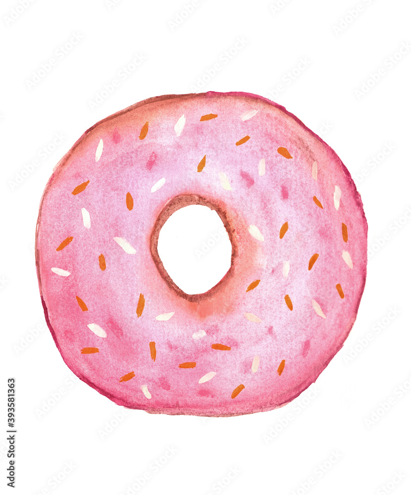 Pink sweet donuts watercolor greeting card. Sweet set watercolor menu. Valentine's Day. 14th of February. Happy Birthday! Sweet food