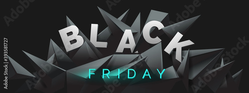Black Friday banner with 3d render, abstract black crystal background, faceted texture, panorama, wide panoramic polygonal wallpaper, vector illustration.